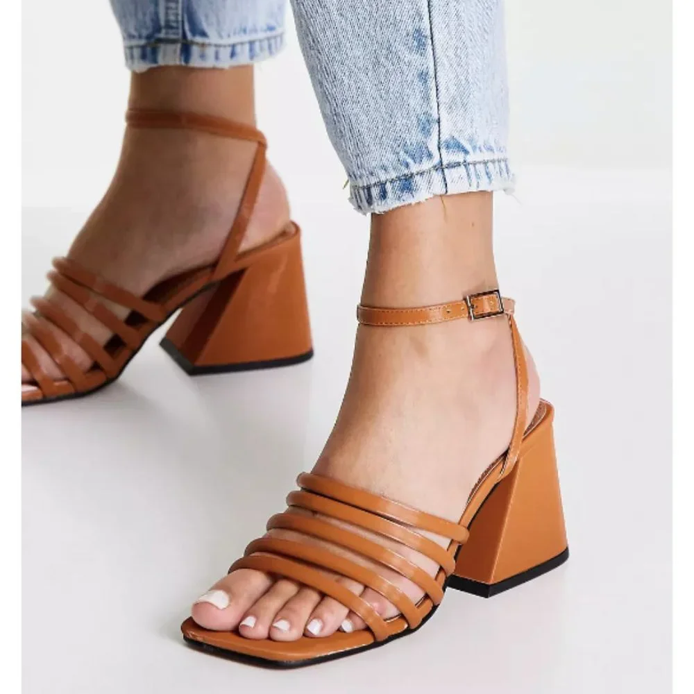 NWT ASOS tan faux leather chunky block heel strappy Husk square toe sandals - Picture 6 of 6